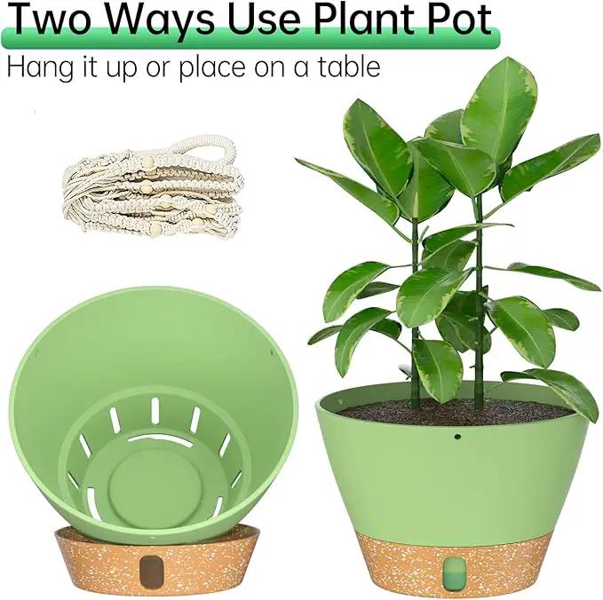 ZMTECH 2 Pack 10 Inch Hanging Planters with Macrame Plant Hanger for Indoor and Outdoor Plants, Self Watering, Drainage Hole, Visible Level Tray, Green by GreenHaven Gardens