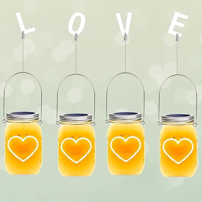 Hanging Solar Mason Jar Lights, 4 Pack Warm Heart Shape Led Lights, Solar Powered Lanterns Outdoor Waterproof, Hangers and Jars Included, Gift for Lover, Home Party Wedding Garden Patio Decor (4) by GreenHaven Gardens