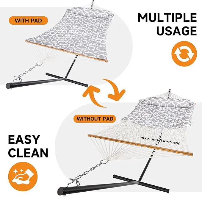 2 Person Outdoor Hammock with Stand, Cotton Rope Hammock with Polyester Pad, Adjustable Steel Frame, Portable with Carrying Bag – for Patio, Backyard, Garden, Beach, White-Gray by GreenHaven Gardens
