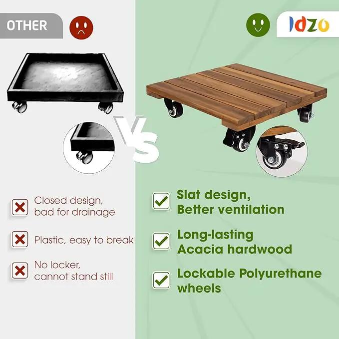 Idzo 2-Pack 14 Inch Wood Plant Caddy with Wheels Heavy Duty, 264 lbs Acacia Hardwood Plant Caster Dolly Rolling Stand with 360° Lockable Wheels for Heavy Plant Pots and Outdoor Use by GreenHaven Gardens