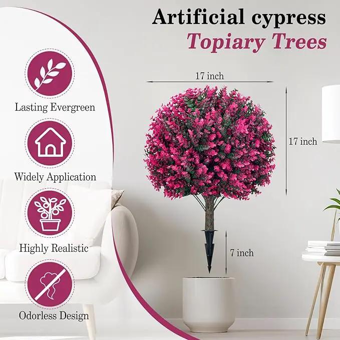 Artificial Topiary Tree with Pink Eucalyptus, Set of 2-17in UV Resistant Fake Evergreen Tree for Porch, Outdoor Artificial Plants for Planters - Ground Spike Included FZHCZWZX by GreenHaven Gardens