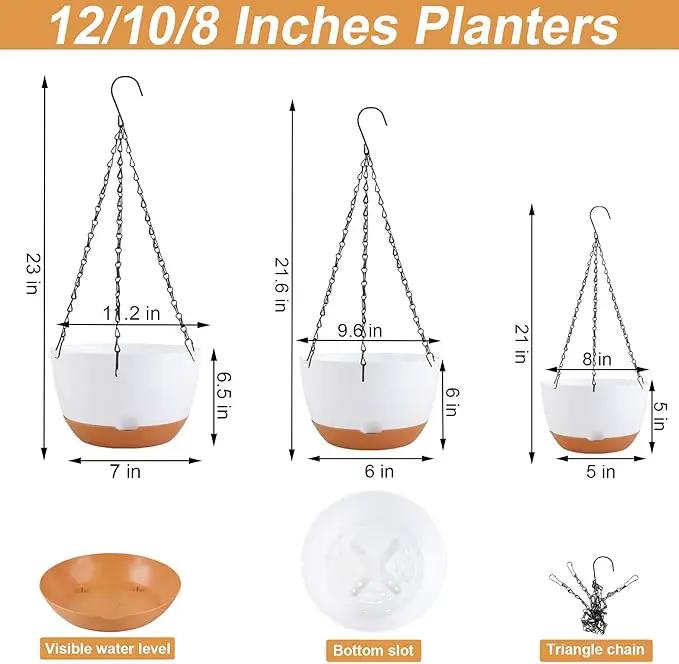 8/10/12 inch Hanging Planters for Indoor Outdoor Plants with Self-Watering Pots, 3 Pack Plastic Hanging Basket with Removable Tray for Home Garden Porch Balcony Patio Decor(White) by GreenHaven Gardens