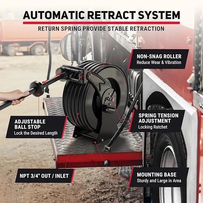 Fuel Hose Reel 3/4" x 50FT Retractable Diesel Hose Reel 300PSI Ratchet Spring Driven Hose Holder Reel Heavy Duty Industrial Steel with Fueling Nozzle for Aircraft Tank Truck Trailer Ship, Black by GreenHaven Gardens
