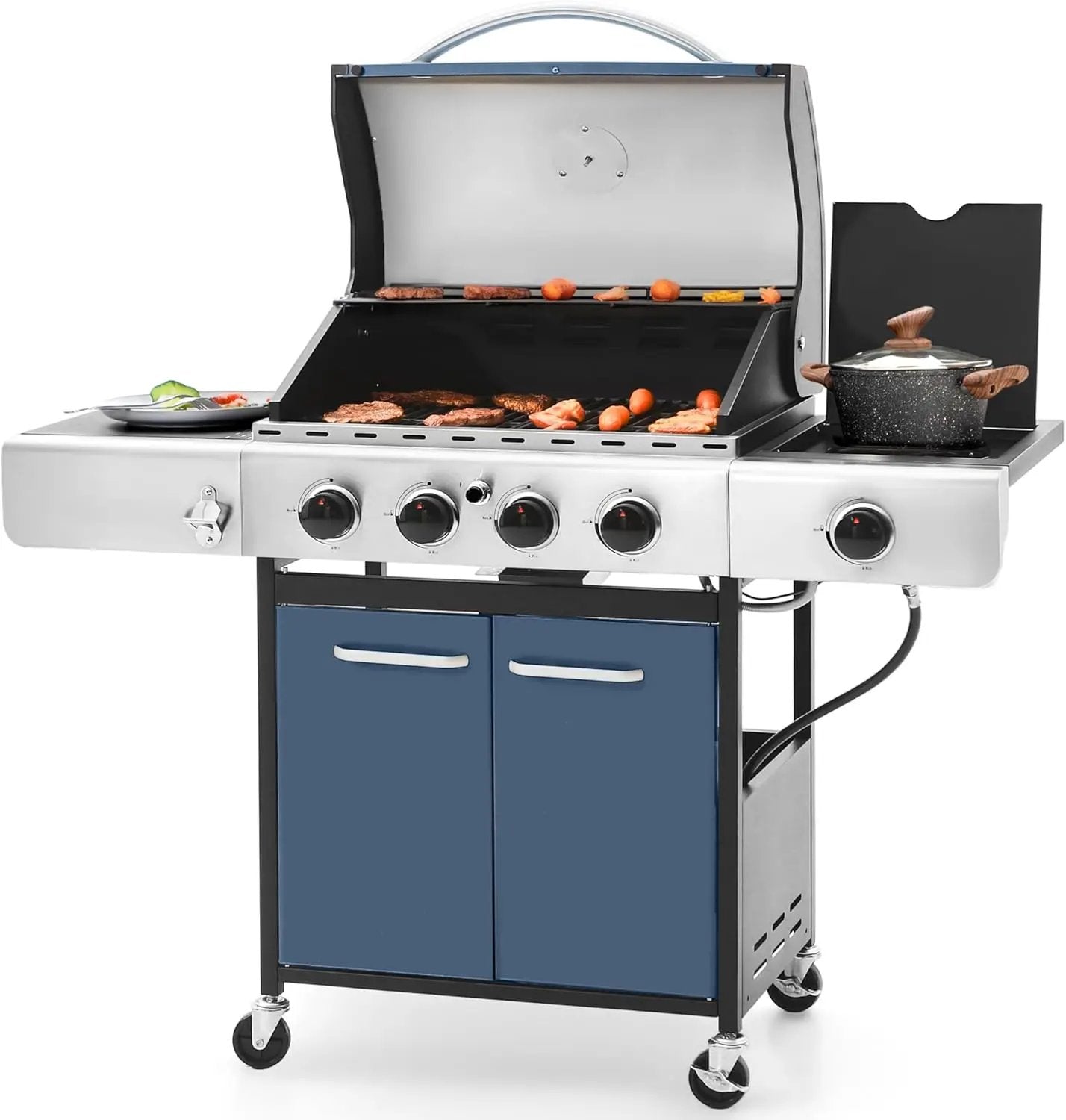 Sophia & William 4-Burner Gas BBQ Grill with Side Burner and Porcelain-Enameled Cast Iron Grates, 42,000BTU Propane Grills Outdoor Cooking Barbecue Cabinet Style, Blue by GreenHaven Gardens