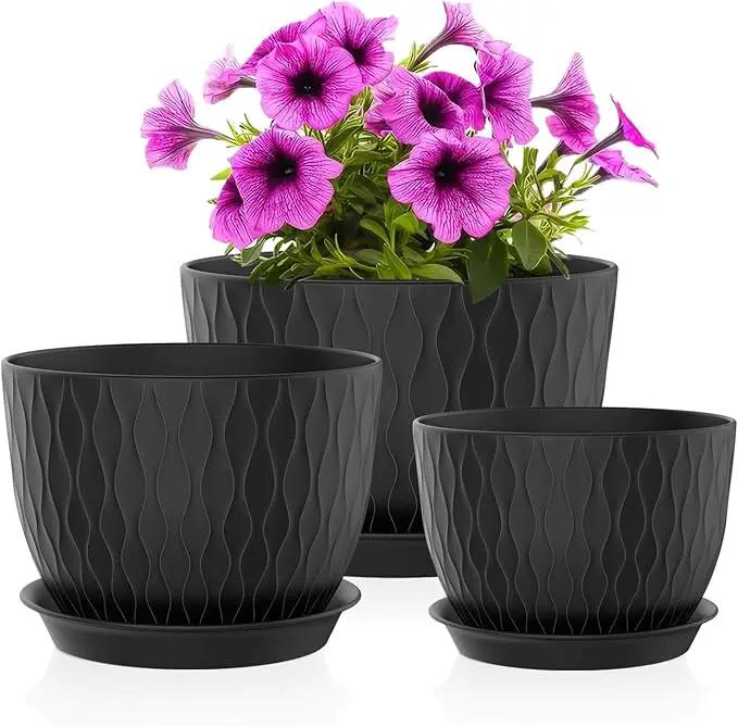 Plant Pots 12/10/9 Inch Pots, Set of 3 Plastic Planters with Drainage Holes and Saucers,Plastic Flower Pots,Nursery Planting Pot for Indoor Out Door Plants（Black） by GreenHaven Gardens
