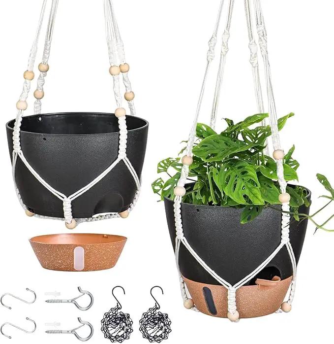 10 Inch Hanging Planters for Indoor Plants, 2 Pack Self Watering Hanging Baskets Flower Pots with Drainage Hole, Visual Reservoir & 2 Kinds of Plant Hanger for Outdoor Garden Home Decor（Black） by GreenHaven Gardens