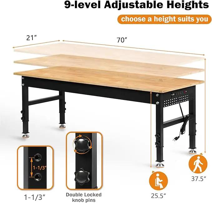 70" Adjustable Height Workbench, 2000 LBS Heavy Duty Work Table with Power Outlets & Pegboard, Rubber Wood Workstation for Garage, Workshop, Office, Home, Commercial by GreenHaven Gardens