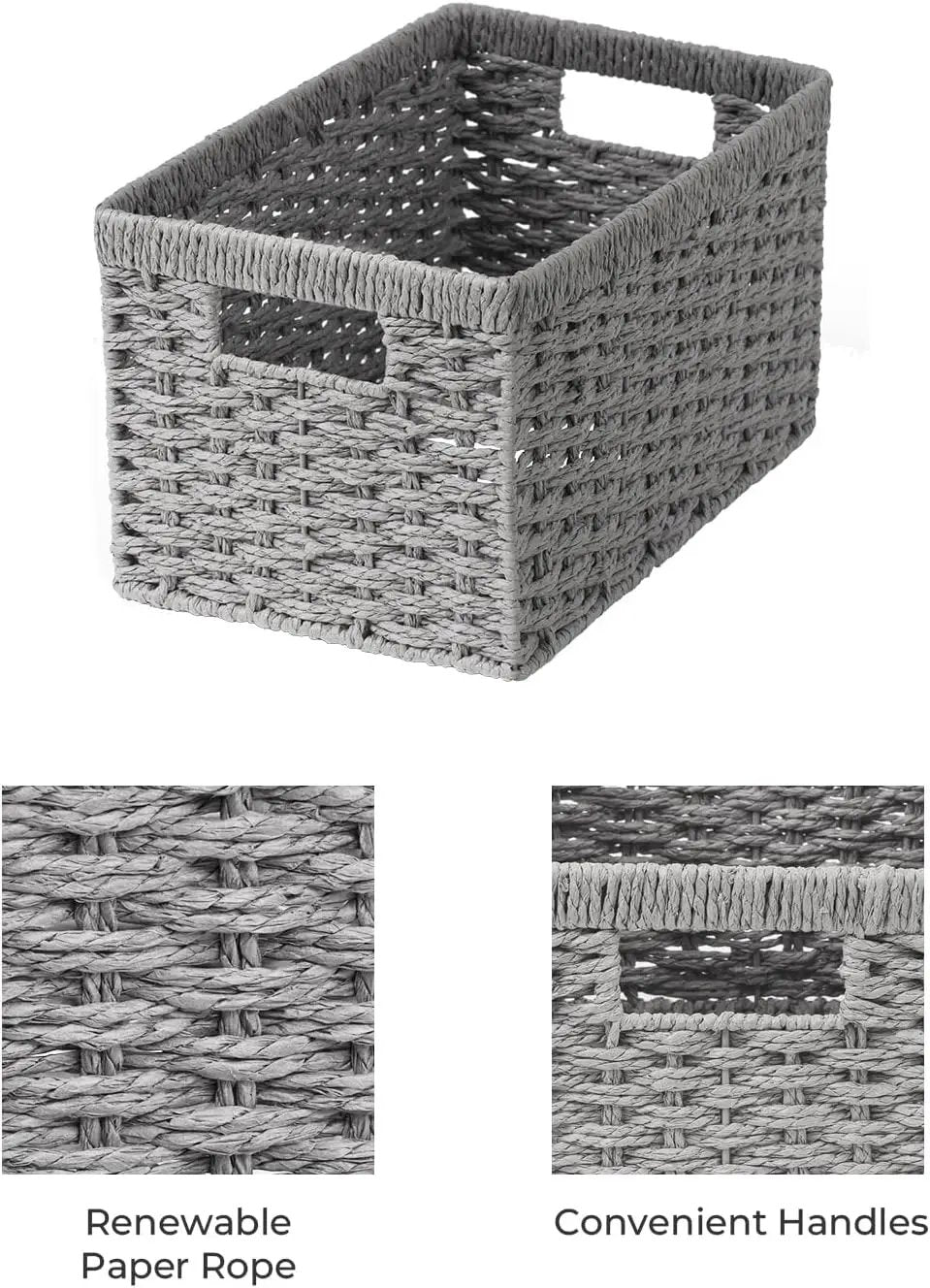 StorageWorks Round Paper Rope Storage Baskets, Rectangular Wicker Baskets with Built-in Handles, Gray, 2-Pack by GreenHaven Gardens