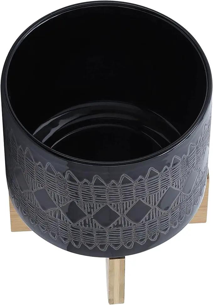 Sagebrook Home Black and Gray Aztec Design Ceramic Planter with Solid Rubberwood Stand for Tabletop Display in Living Room, Bedroom, or Office by GreenHaven Gardens