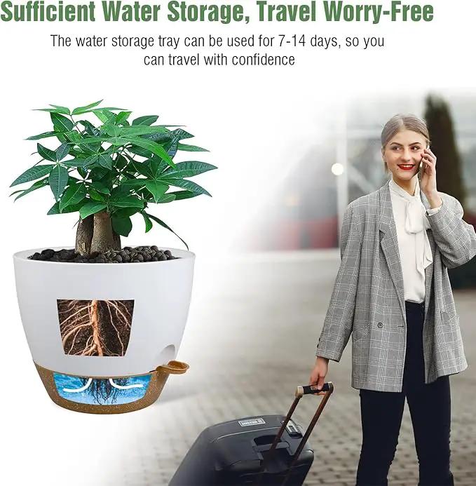 12 inch Large Self Watering Pots, Plastic Planters with 60oZ Removable Deep Reservoir and Multi Mesh Drainage Holes for Indoor Outdoor Garden Plants and Flowers, White with Brown by GreenHaven Gardens