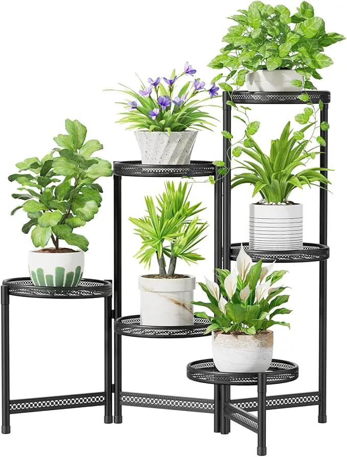 iDavosic.ly 6 Tier Large Plant Stand Indoor with 10-Inch Wide Drainage Tray, Tiered Corner Metal Outdoor Flower Display Holder Shelf, Folding Tall Rack for Patio Porch Balcony, Black Iron Carving by GreenHaven Gardens