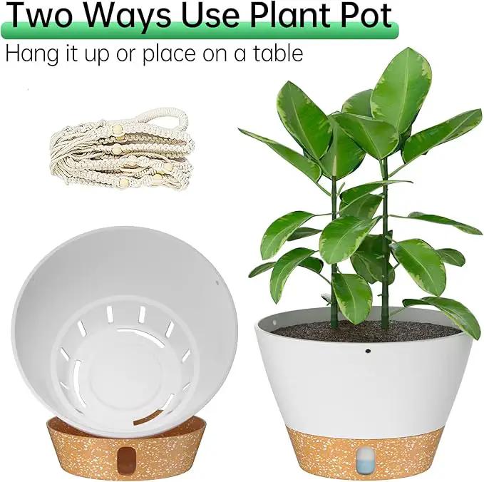 ZMTECH 2 Pack 10 Inch White Hanging Planters with Macrame Plant Hanger for Indoor and Outdoor Plants, Self Watering, Drainage Hole, Visible Level Tray by GreenHaven Gardens