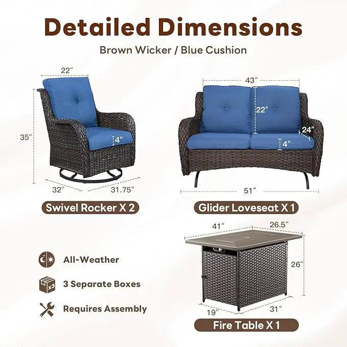 4 Piece Patio Furniture Set with Fire Pit Table - 41inch 50000 BTU Propane Fire Pit Table with High Back Loveseat Glider Chair and 2 Swivel Rocker Chair for Casual Gathering by GreenHaven Gardens