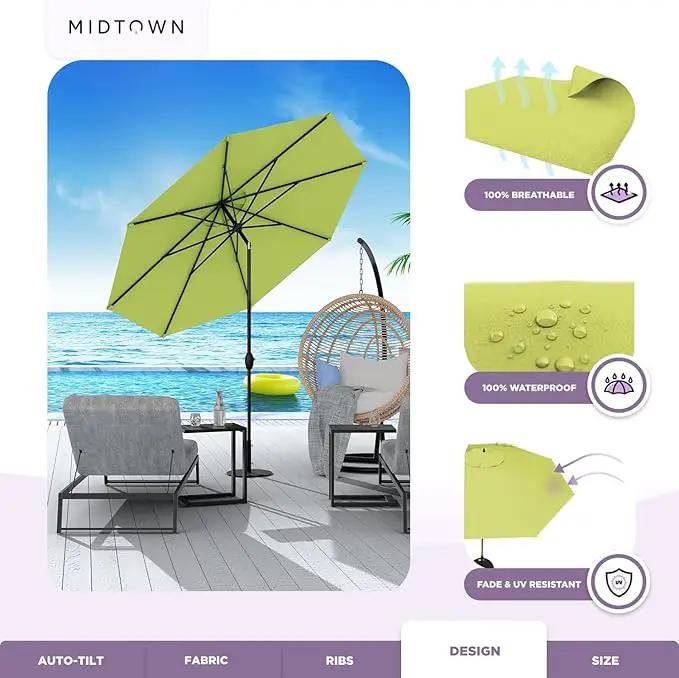 Midtown Umbrellas Sunbrella Umbrella 8 Feet Outdoor Umbrella With Sunbrella Macaw Acrylic Fabric - Auto-Tilt Aluminum Frame Patio Umbrella For Backyard, Deck, Garden, Pool - Black Pole by GreenHaven Gardens