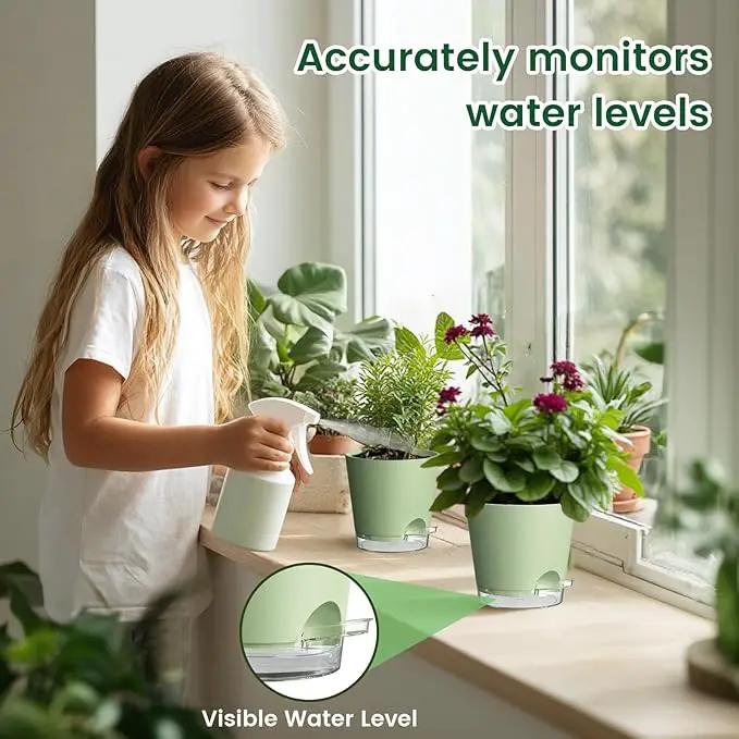 6 inch Self Watering Pots for Indoor Outdoor Plants, 6 Pack Flower Plant Pots with Drainage Holes and Clear Reservoirs, Visible Water Level, Plastic Planters with Wicking Rope, Green by GreenHaven Gardens