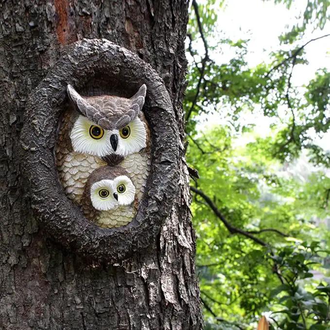 Owl Tree Hugger Whimsical Tree Sculpture Garden Statues Outdoor Tree Face Decor Garden Peeker Yard Art Decorations (Mom and Baby Owl) by GreenHaven Gardens