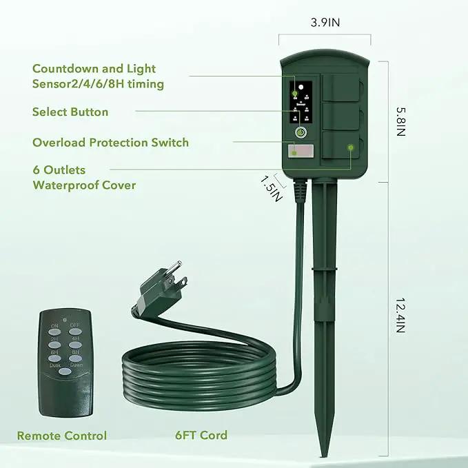 BN-LINK Outdoor Power Stake Timer Waterproof, Power Strip with 6 Grounded Outlets and 6FT Extension Cord, 100FT Wireless Remote Control, Dusk to Dawn Sensor Timer for Lights and Courtyard Decoration by GreenHaven Gardens