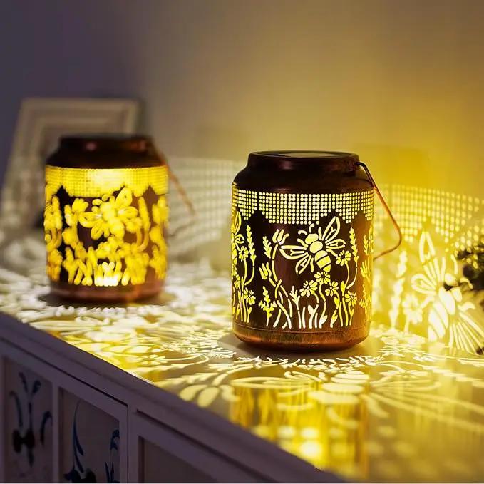 2 Pack Bee Solar Lanterns Outdoor Waterproof Hanging Solar Lights LED 6.9" Metal Flower Bee Decorative Lantern for Patio,Yard,Porch,Table,Garden Birthday Gifts for Women Mom Grandma by GreenHaven Gardens