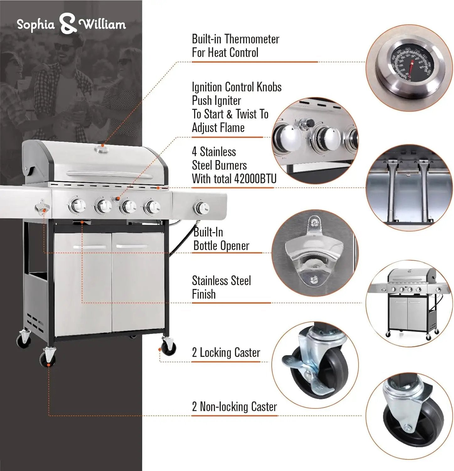 Sophia & William 4-Burner Propane Gas BBQ Grill with Side Burner and Porcelain-Enameled Cast Iron Grates, Stainless Steel Barbecue Grills Outdoor Cooking, Silver Cabinet Style, 42,000BTU by GreenHaven Gardens