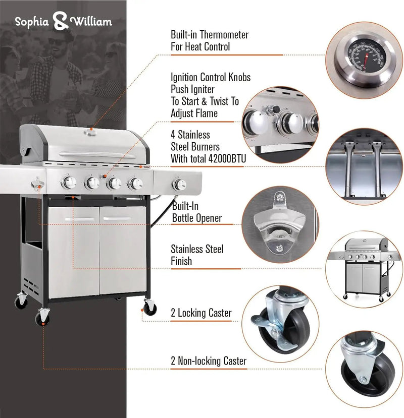 Sophia & William 4-Burner Propane Gas BBQ Grill with Side Burner and Porcelain-Enameled Cast Iron Grates, Stainless Steel Barbecue Grills Outdoor Cooking, Silver Cabinet Style, 42,000BTU by GreenHaven Gardens