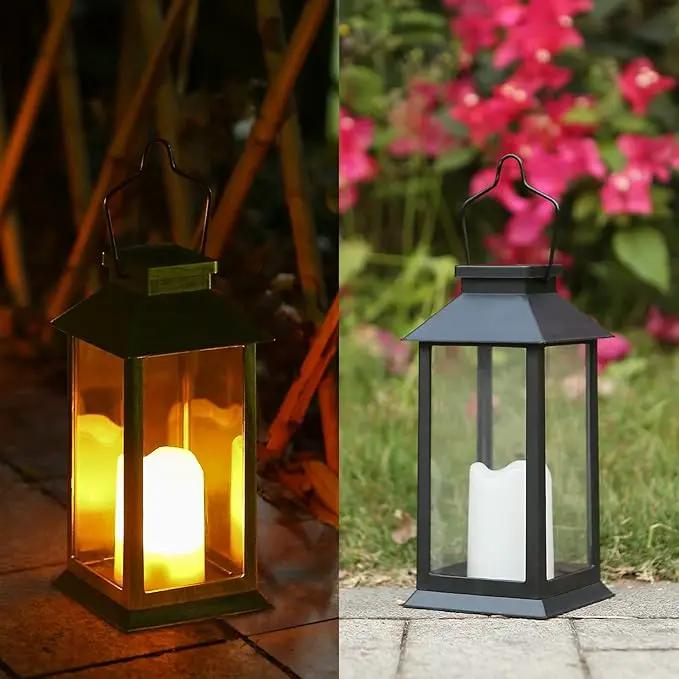 2 Pack Solar Lanterns, Outdoor Garden Hanging Lanterns, 11.8 Inch LED Flickering Flameless Candle Mission Lights for Yard, Table, Patio (Black) by GreenHaven Gardens