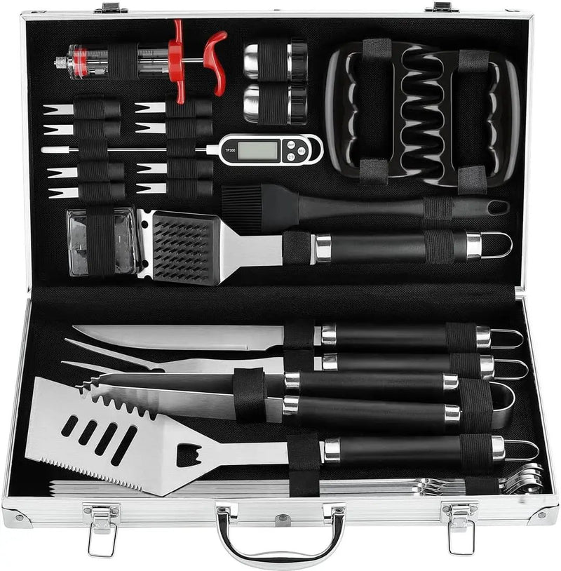 POLIGO 26PC Exclusive BBQ Grill Accessories in Aluminum Case for Birthday Christmas Grilling Gifts - Premium Grill Utensils Set with Barbecue Claws, Meat Injector, Thermometer for Smoker, Camping BBQ by GreenHaven Gardens