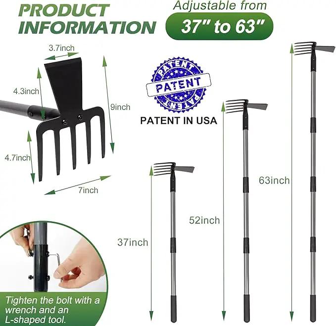 Walensee 2 in 1 Hoe Garden Tool, 63 Inch Garden Hoe Cultivator and 5-Tines Rake with 37-63 Inch Adjustable Long Handle, Weeding Tools Hand Tiller for Yard Lawn Flower Beds Planting Gardening Digging by GreenHaven Gardens