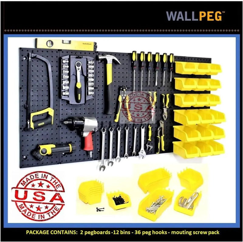 WallPeg 2 Black Pegboard Panels (24"x16" Each) with 6 Medium 5" Bins, 6 Large 7" Bins & 36 Flex-Lock Peg Hooks – Heavy-Duty Wall Storage Organizer – Made in USA by GreenHaven Gardens