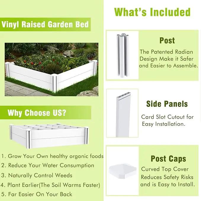 Raised Garden Bed Kit 4'x4' Outdoor Above Ground Planter Box for Growing Vegetables Flowers Herbs, DIY Gardening, Whelping Pen and More, Screwless White Vinyl Garden Bed with Grid by GreenHaven Gardens