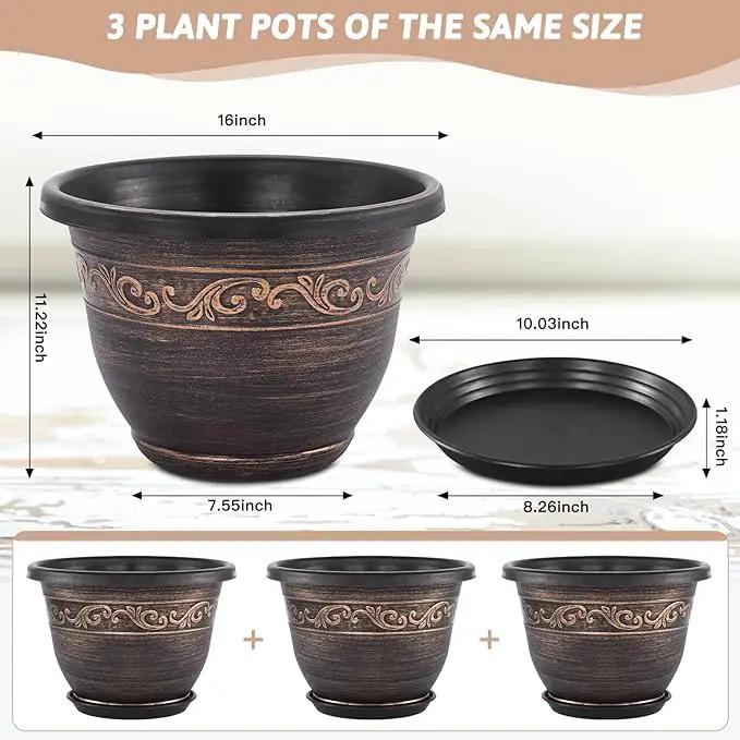 Plastic-Plant-Flower-Planters-16 Inch with Drainage Hole & Saucer, 3 Packs Lightweight Small Resin Flower Pot Indoor Outdoor, Retro Antique Imitation Decorative Garden Containers Sets for Houseplants by GreenHaven Gardens