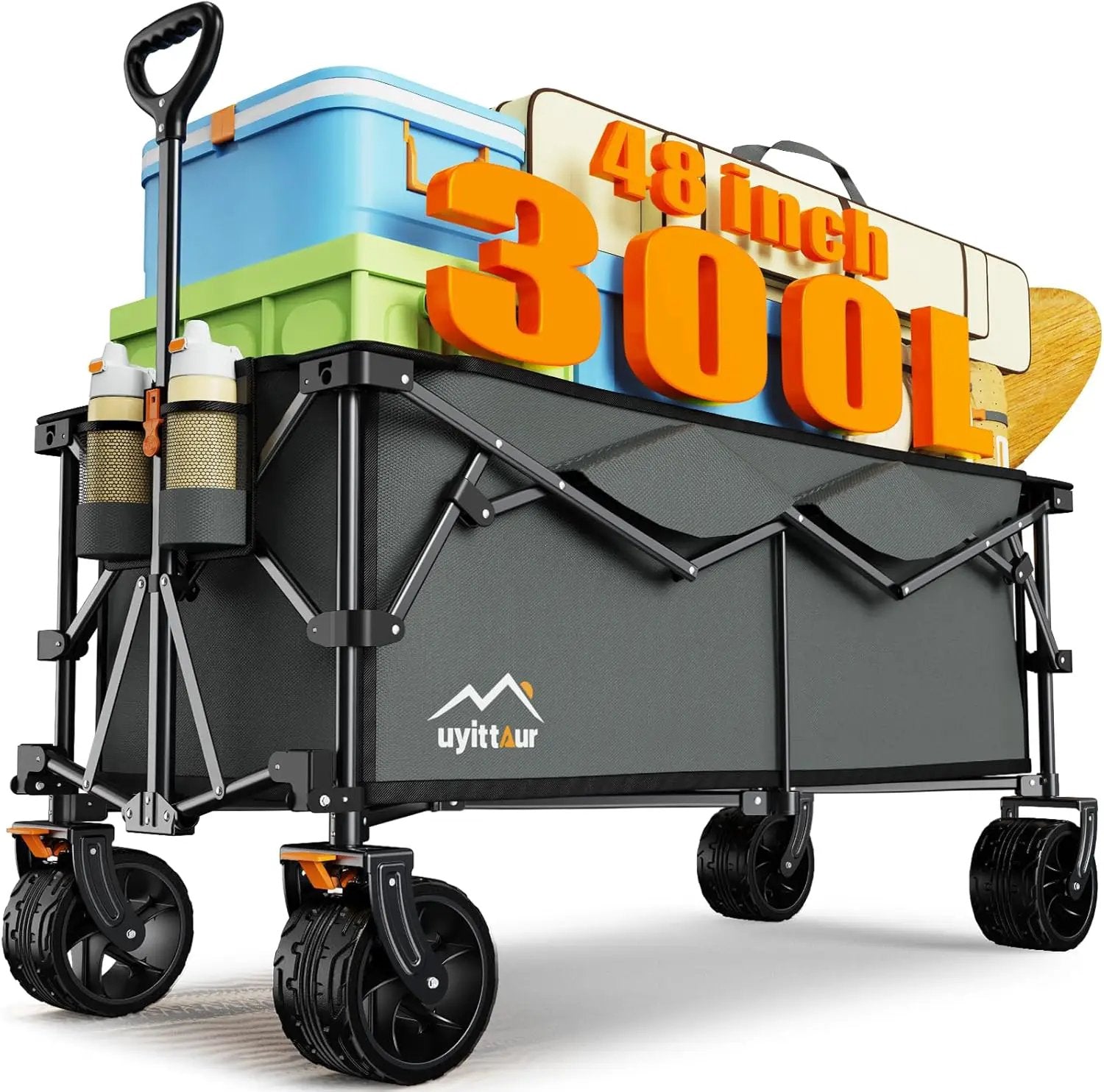 300L Extra Large Collapsible Foldable Wagon, 440lbs Load Capacity 48''L Extended Heavy Duty Folding Beach Wagon with Big All-Terrain Wheels, Utility Garden Cart for Outdoor Activities, Gray by GreenHaven Gardens