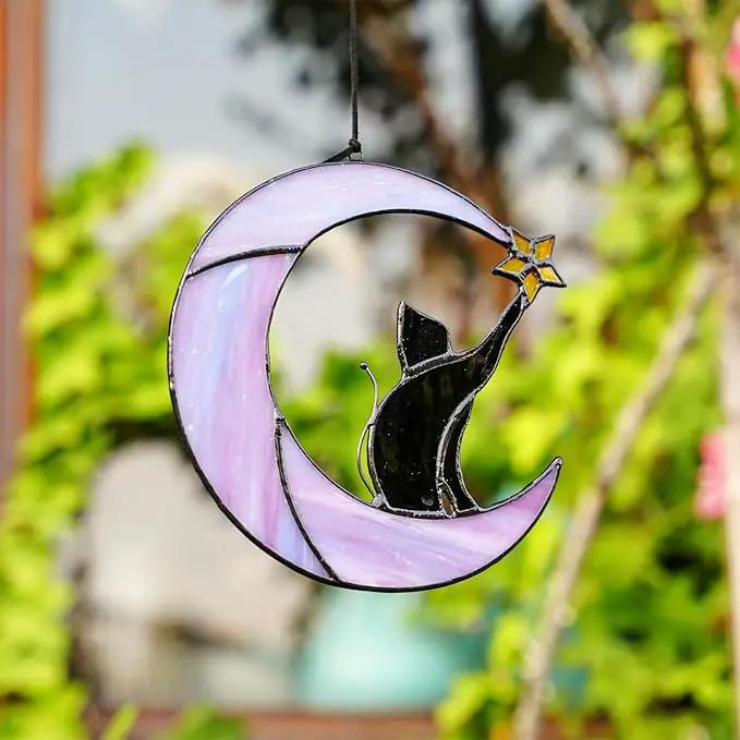 HDCRYSTALGIFTS 6.5'' Black Cat Decor on Purple Moon Stained Glass Window Hanging Suncatcher,Wall Art Glass Window Panel Sun Catcher,Halloween Ornament Decoration Memorial Gift for Lover Cat Loss by GreenHaven Gardens