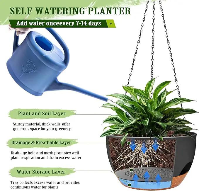 Hanging Planters for Outdoor Indoor Plants, 2 Pack 12 Inch Hanging Basket Plants Outdoor, Self Watering Hanging Planter with Plant Hanger for Garden Home Decoration (Black) by GreenHaven Gardens