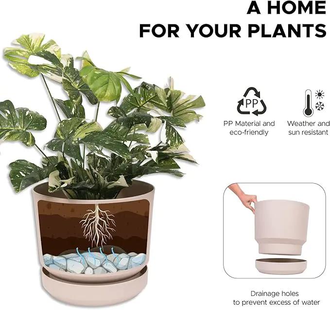 Elly Décor 10 inch Plastic Cylinder Planter Pot with Self-Watering Saucer and Drainage Hole,Lightweight & Extremely Durable, 10"x 10", Ivory by GreenHaven Gardens