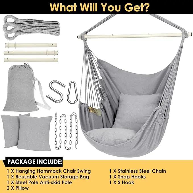 Y- STOP Hammock Chair Hanging Rope Swing Chair, Max 500 Lbs, 2 Seat Cushions Included, Removable Steel Spreader Bar with Anti-Slip Rings, Hardware kit-for Indoor or Outdoor(Light Grey) by GreenHaven Gardens