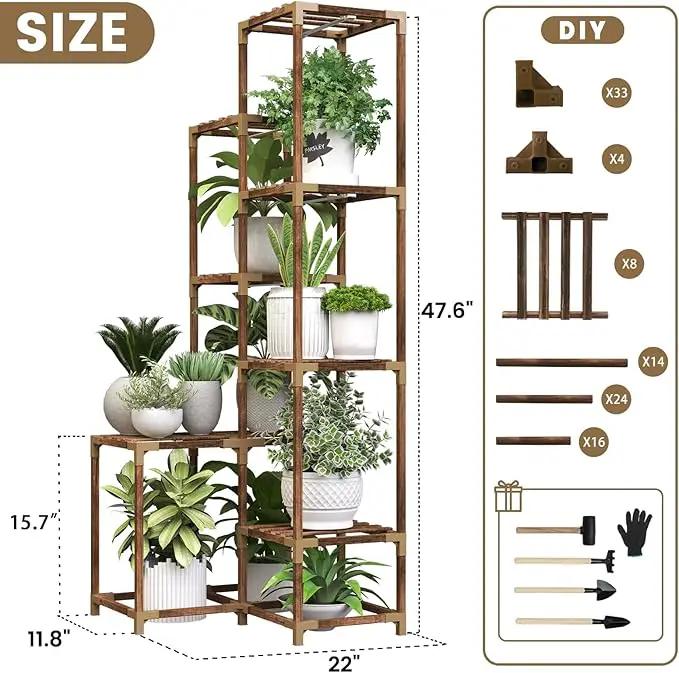 HOMKIRT Tall Corner Plant Stand with Grow Lights, Plant Shelf Indoor for Multiple Plants, Wood Plant Ladder Rack Holder Display Flower Stand for Living Room Balcony by GreenHaven Gardens