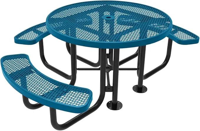 Heavy-Duty Portable Outdoor Picnic Table with Umbrella Hole, Expanded Metal Patio Dining Furniture Made in America (46" Round Top, Light Blue) by GreenHaven Gardens