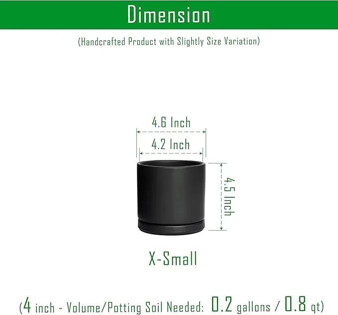 D'vine Dev Set of 2 Plants Pot, 4.6 Inch Ceramic Planter Pot for Plants with Drainage Hole and Saucer, Black, 94-V-B-2 by GreenHaven Gardens