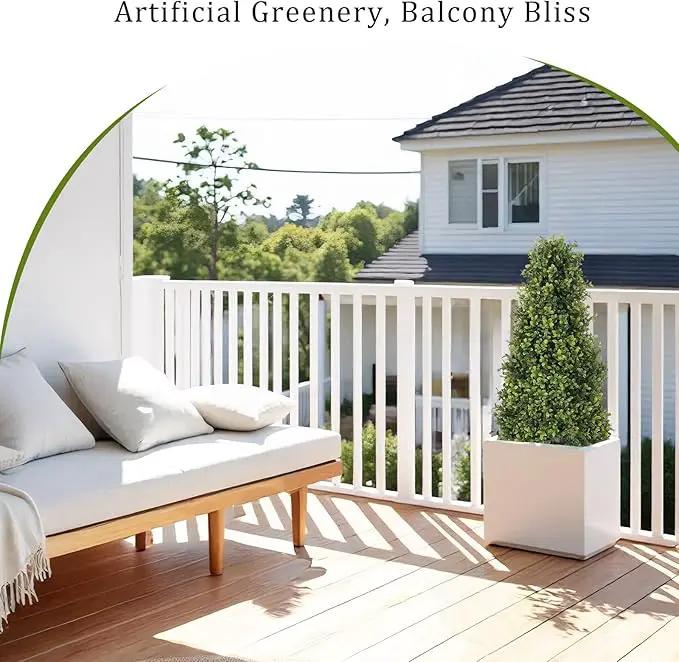 3ft Artificial Boxwood Topiary Trees (Set of 2) - UV Resistant Faux Plants Outdoor, Realistic 36" Fake Cone Bushes and Shrubs for Front Porch, Planter, Patio - Low Maintenance & Evergreen