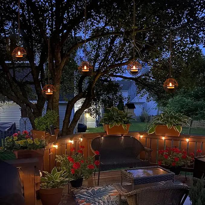 Solar Hanging Lanterns Outdoor Waterproof, Rust Iron Ball Candle Holder with Flickering Solar Powered Tea Lights, Perfect Chargeable Solar Lights for Backyard Patio Garden Fence Tree Decoration-4Pack by GreenHaven Gardens