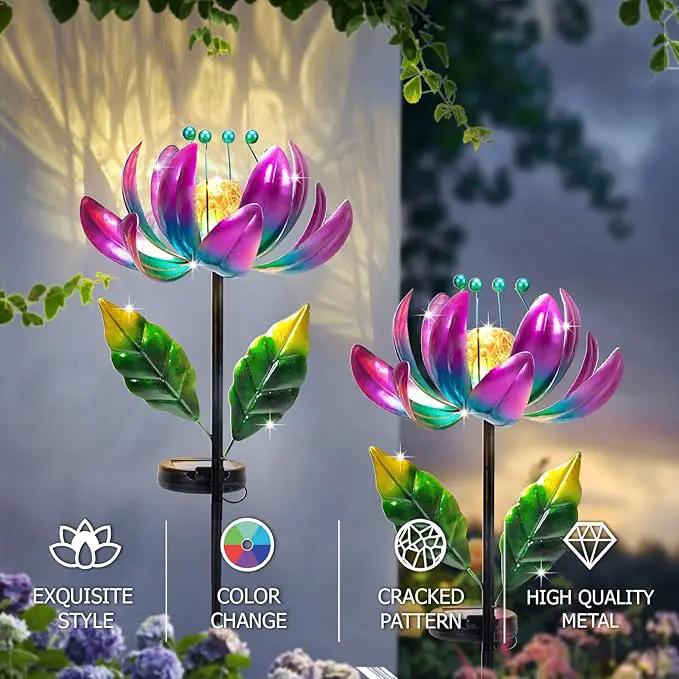 Huaxu Solar Outdoor Lights 35.4In Garden Decor Flower Wind Spinners,Waterproof LED Crackle Glass Globe Purple Lotus Art Metal Stake for Lawn Patio Pathway Yard Porch Driveway Decorations Gift by GreenHaven Gardens