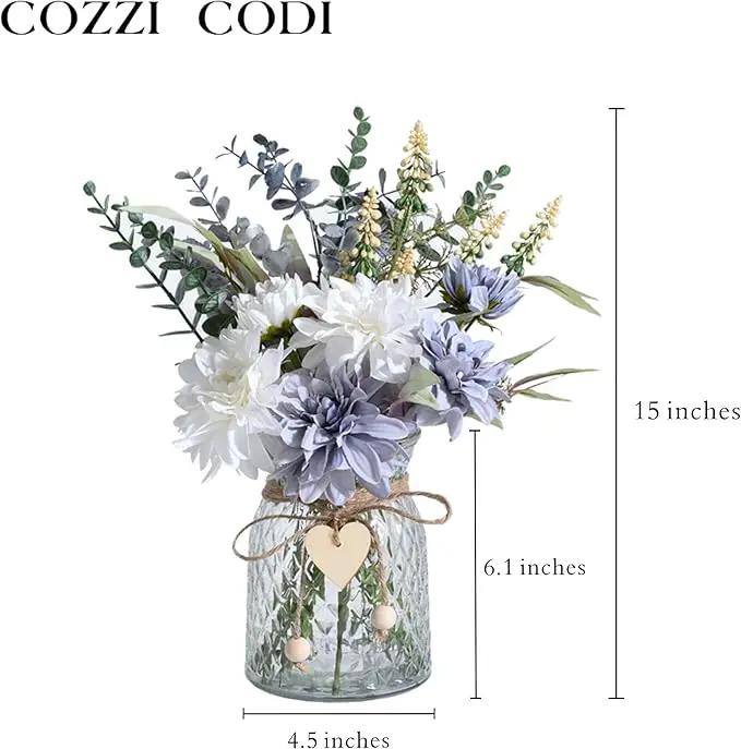 Fake Flowers Artificial Blue Flowers with Vase, Table Centerpieces for Dining Room, Silk Flower Arrangements for Home, Living Room Bathroom Plant Decor, Centerpiece Table Decorations by GreenHaven Gardens