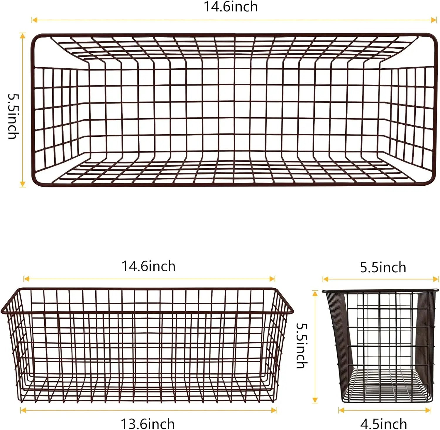 2 Sets Extra Large Hanging Wall Basket, Brown Metal Wire Baskets with Steel Hooks for Organizing, WallmountedFruit Vegetable Toy Snack Storage, Home Kitchen Bathroom Laundry Pantry Organizer by GreenHaven Gardens