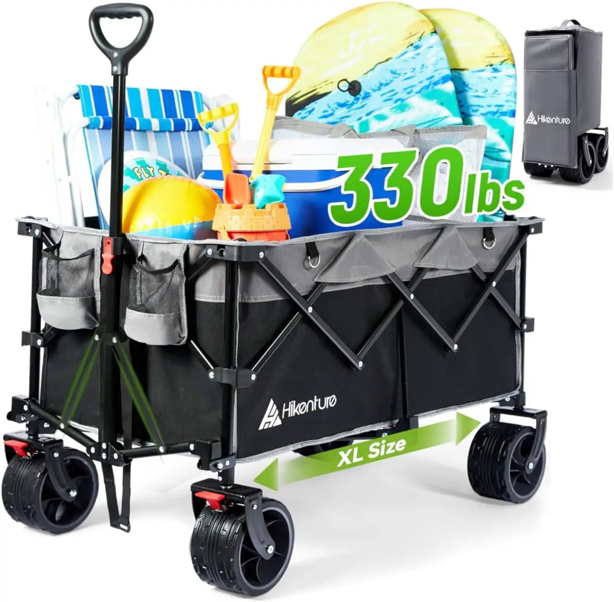 Hikenture Collapsible Wagon Cart, 330lbs Capacity Beach Wagons with Big Wheels for Sand, Heavy Duty Foldable Cart with Brakes, Portable Utility Folding Garden Cart for Outdoor by GreenHaven Gardens