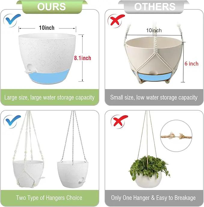 10 inch Self Watering Hanging Planters, 2 Pack Hanging Baskets for Indoor Outdoor Plants, Hanging Flower Pots with Drainage Holes and 2 Kinds of Plant Hangers for Garden Decor, Speckled White by GreenHaven Gardens