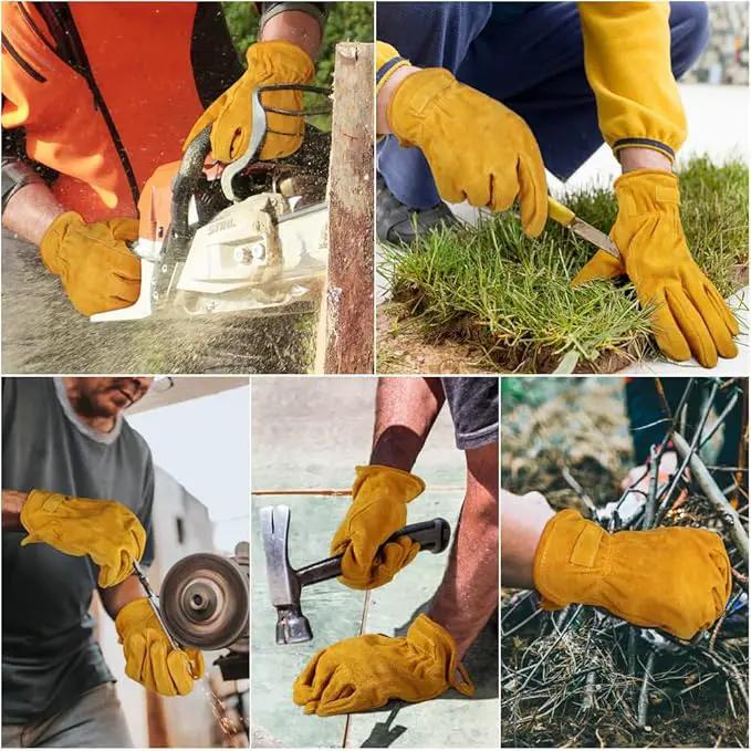 OZERO Leather Work Gloves Flex Grip Tough Cowhide Gardening Glove for Men and Women (Medium, Gold With Mesh Linning) by GreenHaven Gardens