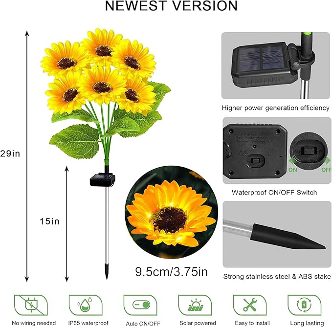 4 Pack Solar Sunflower Garden Lights 24 Vibrant Sunflowers LED Outdoor Decorative Stake Lights for Yard, Patio, Lawn, Pathway, IP65 Waterproof, Gardening Gift for Mom, Grandma, and Friends by GreenHaven Gardens