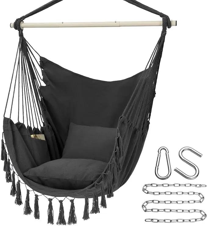 Y- STOP Hammock Chair Hanging Rope Swing, Max 500 Lbs, 2 Cushions Included, Large Macrame Hanging Chair with Pocket, Cotton Weave for Superior Comfort, Durability (Dark Grey) by GreenHaven Gardens