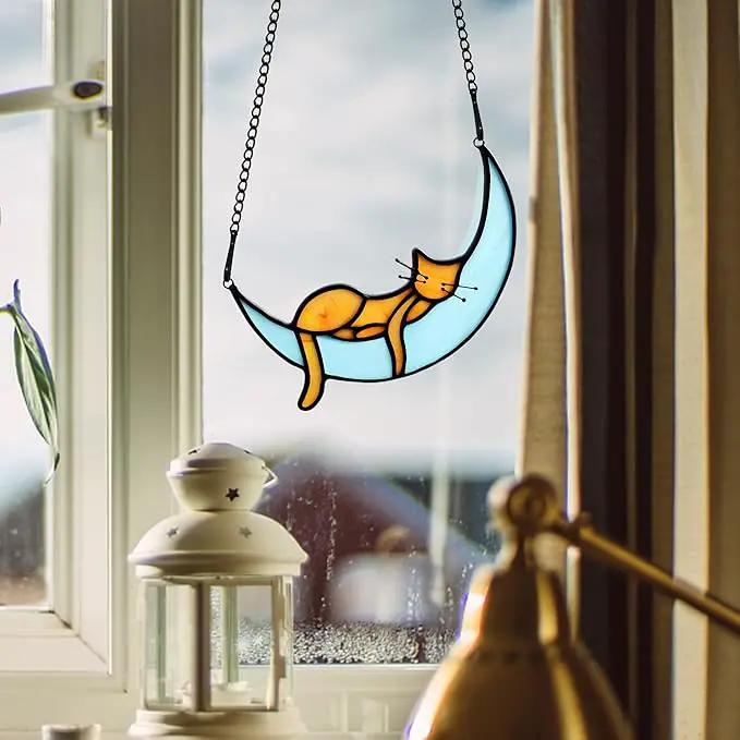 BOXCASA Sleeping Cat Stained Glass Windown Hanging,Orange Cat on Moon Beautiful Handcrafted Sun Catcher Gifts for Daughter,Mothers Day,Christmas and Cat Lover by GreenHaven Gardens