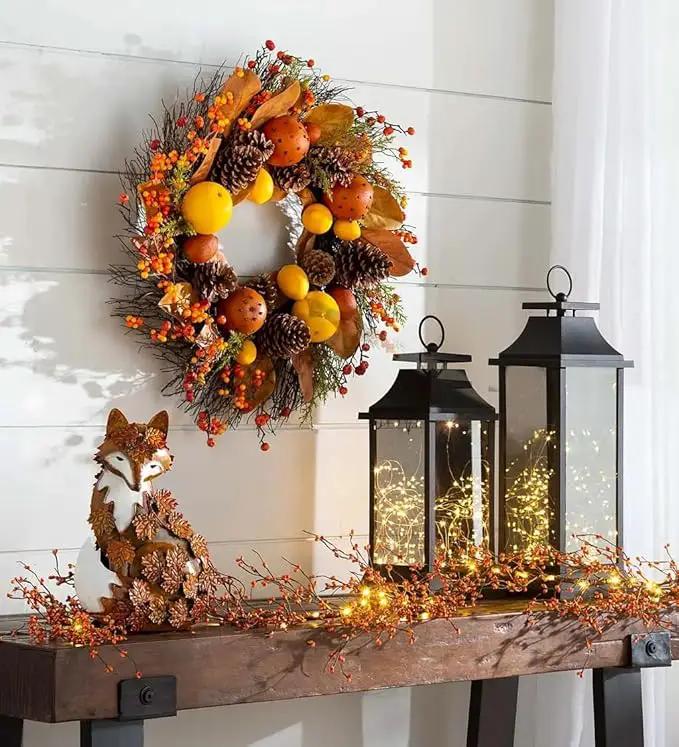 Elenon Outdoor Metal Fox Statue Art Decoration, Garden Handcrafted Standing Fox Ornament Decor with Fall Leaves, Mid Century Fox Figurine Decor for Patios, Lawns, Flower Bed